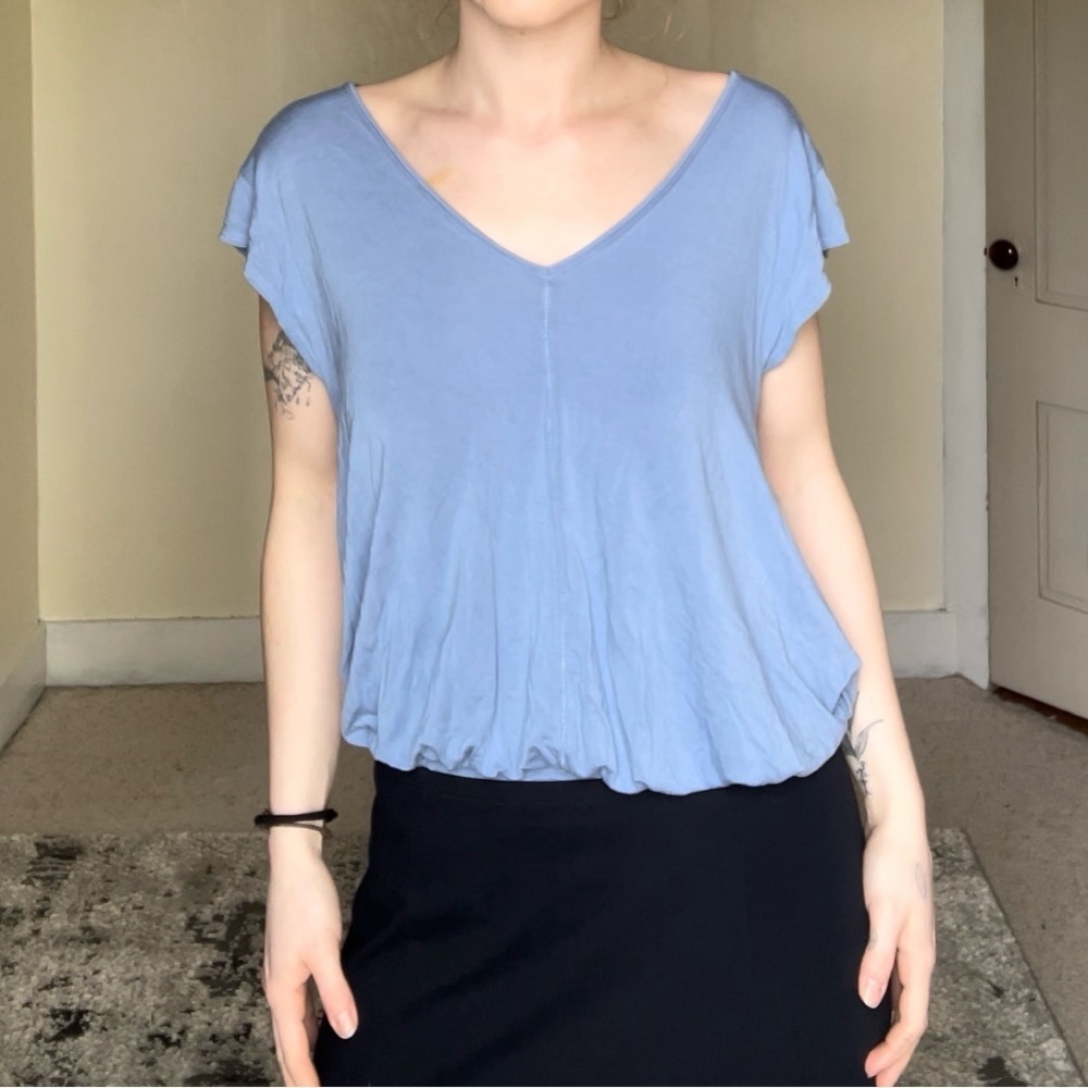 Free People Periwinkle Blue Purple Cap Sleeve Bodysuit Flowy Loose Stretch Comfy - Picture 6 of 14